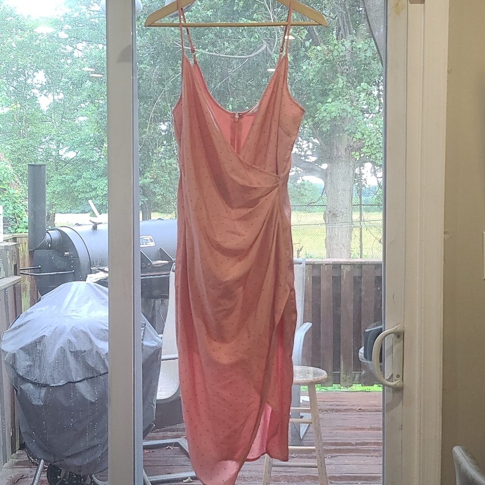 BCBG Blush and navy polka dot dress